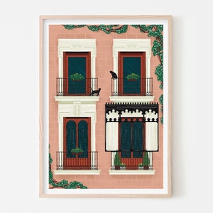 Madrid Print, Madrid Poster, Plaza Mayor Art Print, Spain Wall Art, Spain Poster, Black Cat Window Wall Art, Cats Balcony Poster