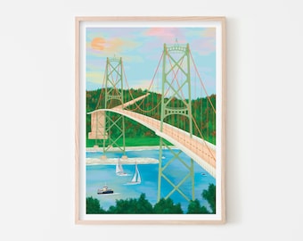 Halifax Poster, Halifax Art Print, Nova Scotia Wall Art, Macdonald Bridge Mackay Bridge, Autumn Canada Wall Decor, Illustration