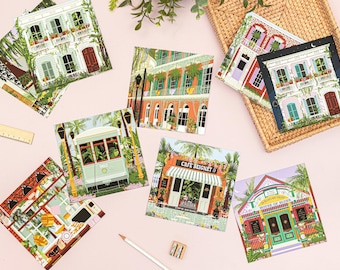 New Orleans Postcards, NOLA Post Card Set, Louisiana Invitations, Bourbon Street Mardi Gras, Garden District, Cafe Beignet, House of Blues