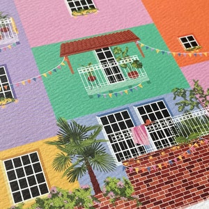 Detailed view of an illustration print of Lecheria in Barcelona, Venezuela. Cute, colourful houses enjoying a sunset view of the beach.