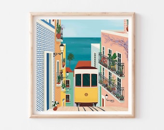 Arte de Lisboa, póster de Portugal, arte mural de Lisboa, póster del tranvía de Lisboa, Lisboa, Portugal, impresión de ilustración de Lisboa