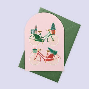 Biglietto di Natale con consegna in bicicletta, simpatico biglietto di Natale rosa, biglietto festivo dipinto, biglietto di Natale illustrato, biglietti di Natale scandinavi e olandesi di Amsterdam
