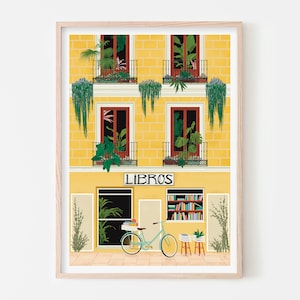 Póster de Madrid, Arte mural de España, Lámina de librería, Decoración de libros apilados, Lámina de libros, Póster de lectura, Arte para ratones de biblioteca, Arte mural de Madrid, A4