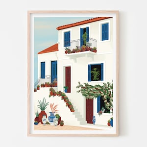 Impresión artística de casa azul y blanca griega en Grecia, póster de arquitectura de islas griegas, decoración de plantas en macetas con jarrones griegos, casa de verano mediterránea