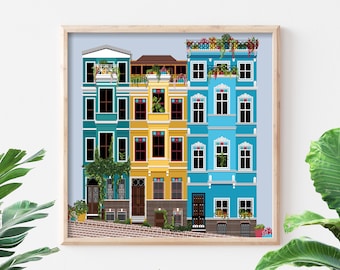 Istanbul Print, Istanbul Art, Turkey Istanbul, Balat, Balcony Wall Art, Square Wall Art, Travel Postcard