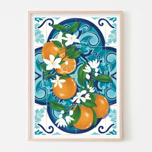 Vibrant Spanish Oranges Tiles Art Print: Seville Fruit Market Illustration for Kitchen Wall Decor