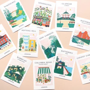 London Location Landmarks Postcards, Mini Prints of Battersea, Columbia Road, Balham, Kew Gardens, Clapham, Kensington, Barbican, Notting A6
