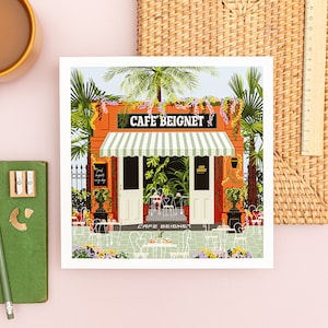 New Orleans Beignet Cafe Wall Art Print - French Quarter Kitchen Decor - NOLA ontbijt illustratie