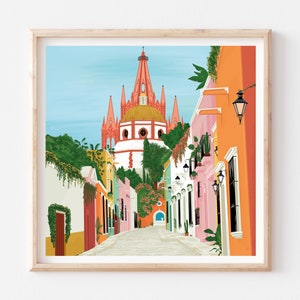 Cartel de México, Arte de la Muralla Mexicana, Arte de San Miguel De Allende, Cartel de Guanajuato, Regalo de México, Impresión colorida de ilustración de la catedral