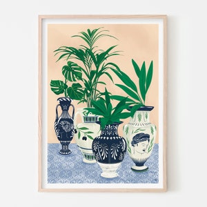 Impresión artística de jarrones griegos, póster de cerámica griega, arte mural de Grecia, arte de plantas en macetas, regalo para amantes de las plantas, impresión ilustrativa, regalo para mamás amantes de las plantas