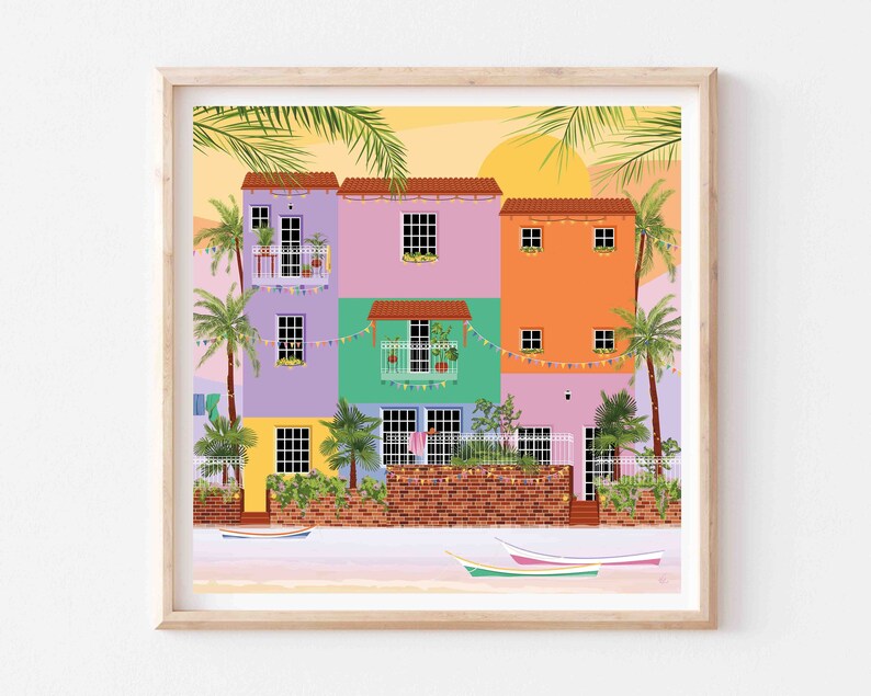 An illustration print of Lecheria in Barcelona, Venezuela. Cute, colourful houses enjoying a sunset view of the beach.