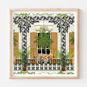 New Orleans French Quarter Balcony Illustration: Vibrant NOLA Cityscape Poster for Home Decor