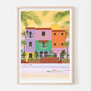 An illustration print of Lecheria in Barcelona, Venezuela. Cute, colourful houses enjoying a sunset view of the beach.