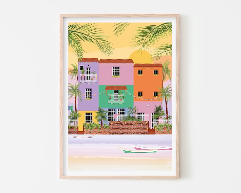 An illustration print of Lecheria in Barcelona, Venezuela. Cute, colourful houses enjoying a sunset view of the beach.