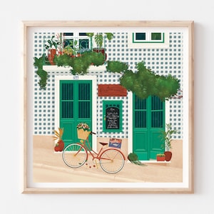 Lisbon Restaurant Architecture Art Print: Portuguese Sardines Delivery Poster with Azulejo Tiles and Balcony Plants