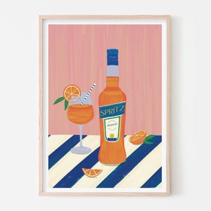 アペロール スプリッツ アートプリント、カクテル 静物画プリント、イタリア料理ポスター、ホームバーの壁飾り、ハッピーアワーの装飾、バーカートの絵画