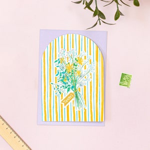 Bedankkaart bloemen, wenskaart bedankt, kaart met hedendaagse boeketten, kaart met schilderkunstige boeket en streep, blanco bloemkaart