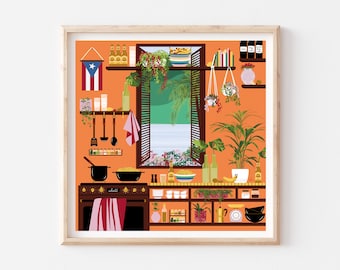 May include: A colorful illustration of a kitchen with an open window overlooking a tropical scene. The kitchen features a red and white Puerto Rican flag, a wooden countertop with a stove, pots, and pans, and a variety of spices and kitchen utensils. The window is framed by wooden shutters and has a view of a lush green landscape with palm trees and a blue sky.