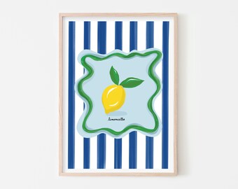 Limoncello Poster, Lemon Art Print, Lemon Wall Art, Blue Painterly Stripe Art, Italian Food Wall Art, Italian Kitchen Decor, Citrus Wall Art