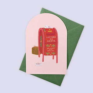 Carte de Noël lettres au père Noël boîte aux lettres, jolie carte de Noël rose, carte de fête peinte, carte de Noël illustrée, carte courrier au pôle Nord