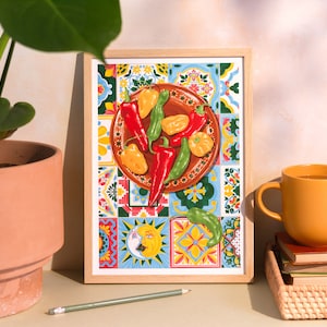 Mexikanische Chilischoten Kunstdruck: Talavera-inspirierte Küchendekoration, lebendige lustige Küche, Mexikanische Chilischoten