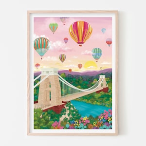 Bristol Ballon Fiesta Kunstdruck, Cifton Bridge Poster, Heißluftballon Wandkunst, England Kunst