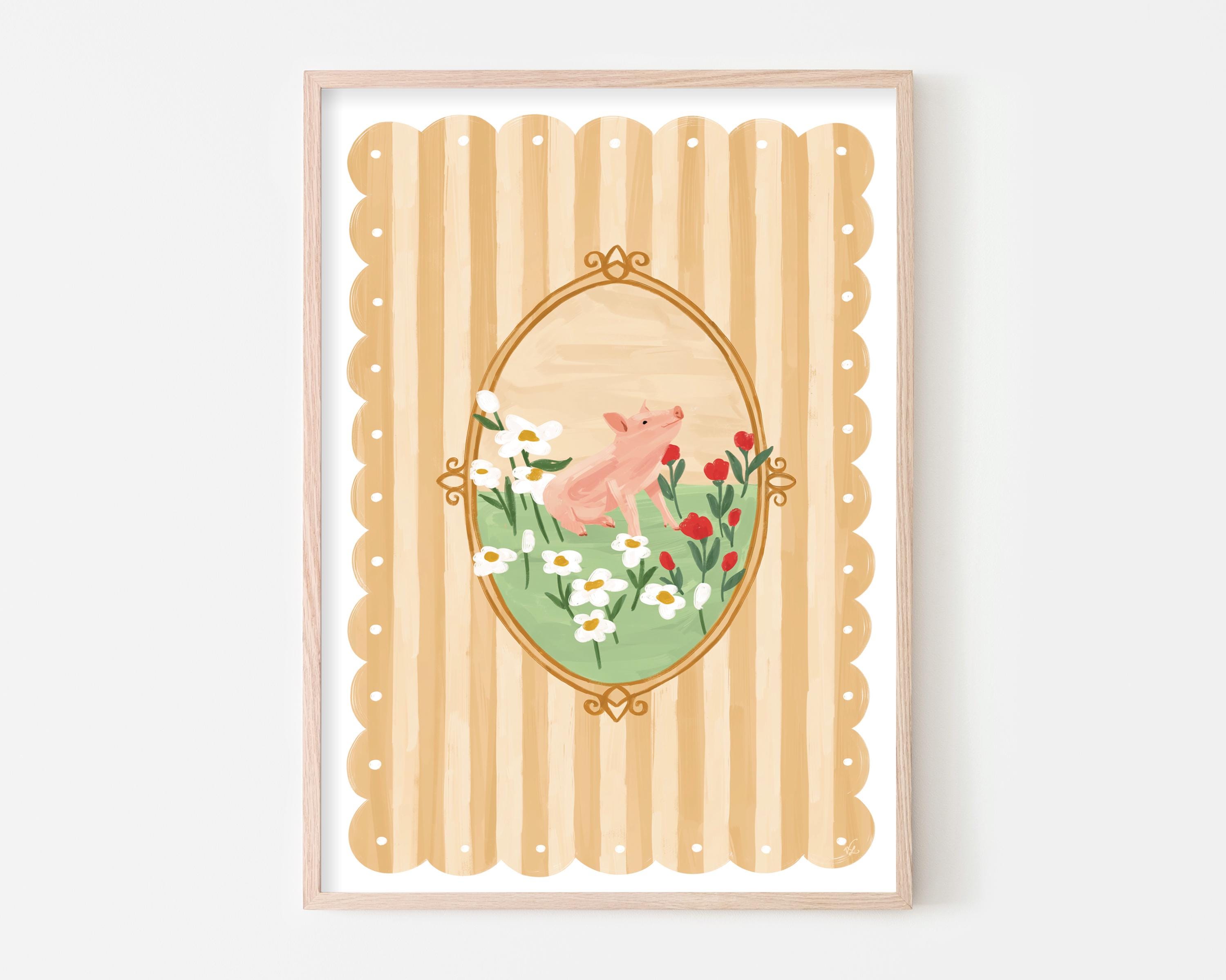 Baby Pig Wall Art, Cottage Core Piglet Art Print, Cute Animal Nursery Wall Decor, Farm Animal Meadow Poster, Scallop Border Print, Boho Art