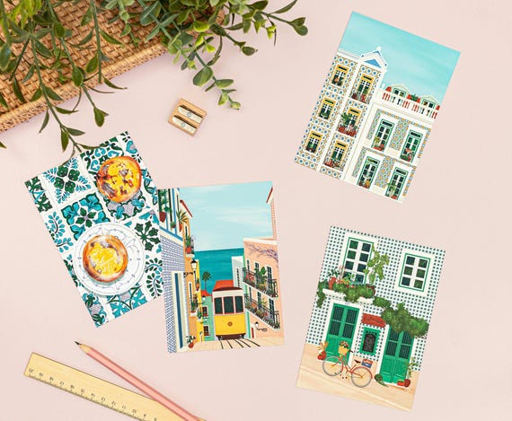 Lisbon Postcards, Lisbon Invitations, Lisbon Art A6, Portugal Art, Portugal Postcards, Pastel de Nata, Lisbon Tram Wall Art, Pasteis de Nata