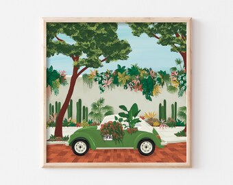 Mexico City Taxi Poster, Green VW Beetle Art, Beetle Car Print, Vintage Car Wall Decor, Mexican Wall Art, Taxi Wall Art, Mexico Nursery Art