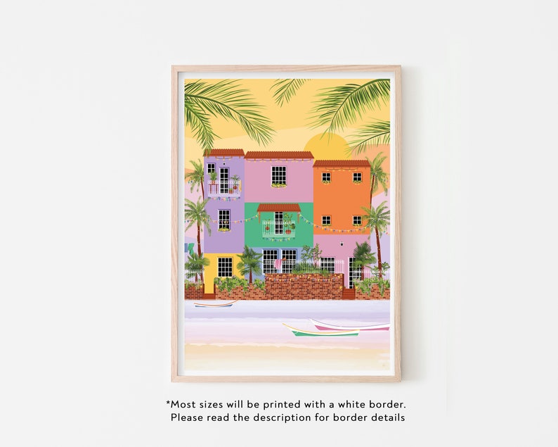 An illustration print of Lecheria in Barcelona, Venezuela. Cute, colourful houses enjoying a sunset view of the beach.