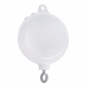 May include: White ceramic music box with a silver hook. The music box is round and has a smooth surface.