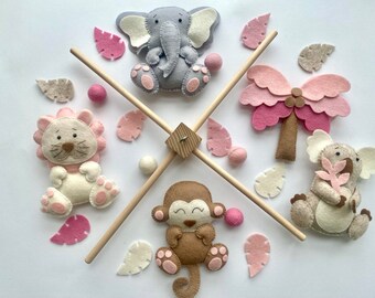 Móvil para niños "Elefante, Koalla, Mono, León", Safari Baby Mobile, Nursery Jungle Mobile-Felt Jungle, Regalo de baby shower, Nuevo regalo para bebés.