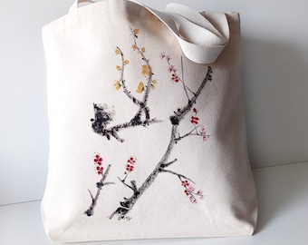 ote Bag with hand-painted cherry blossoms, Cloth bag, Cherries, Cherry paint, Summer bag.