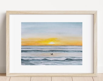 Sunset print, sunset art, ocean art, ocean print, surf print, A5