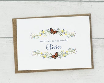 New baby girl card, personalised new baby card, welcome to the world card, A6, Blank inside