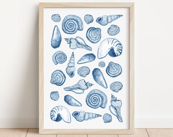 Blue and White shell print, Summer print, beach house art, A5/A4/A3 size print