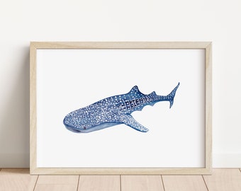 Whale shark art print, watercolour whale shark painting, ocean art, A5/A4