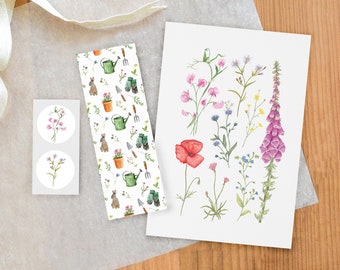 A5 Cottage garden flowers print + bookmark and stickers, floral gift set, cottage garden gift