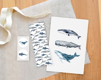 A5 Whale Print + sticker and bookmark bundle, whale gifts, sealife gifts