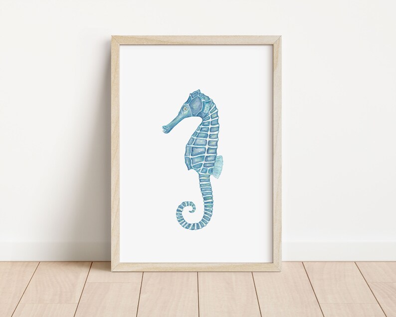 Watercolour sea horse art print, sea horse art, beach house decor, beach house art, coastal home wall art, animal print, A5/A4/A3 afbeelding 1