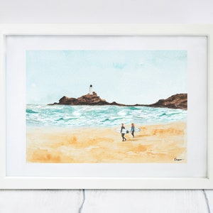 Surf print, Cornwall surf print, Surf art, Godrevy print, Watercolour painting A4/A5 image 1