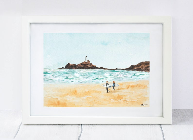 Surf print, Cornwall surf print, Surf art, Godrevy print, Watercolour painting A4/A5 image 1