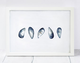 Mussel shell print, shell print, beach decor, coastal decor, beach print, A5/A4, High Tide Illustrations