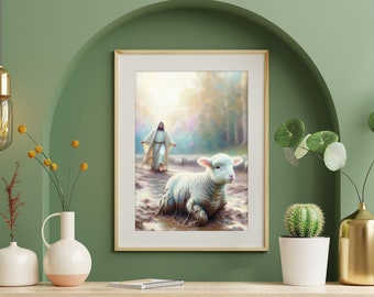 Jesus Running After a Lost Lamb Jesus Lamb of God, Bible Wall Art, Christian Faith, Christ Will Save the Lamb