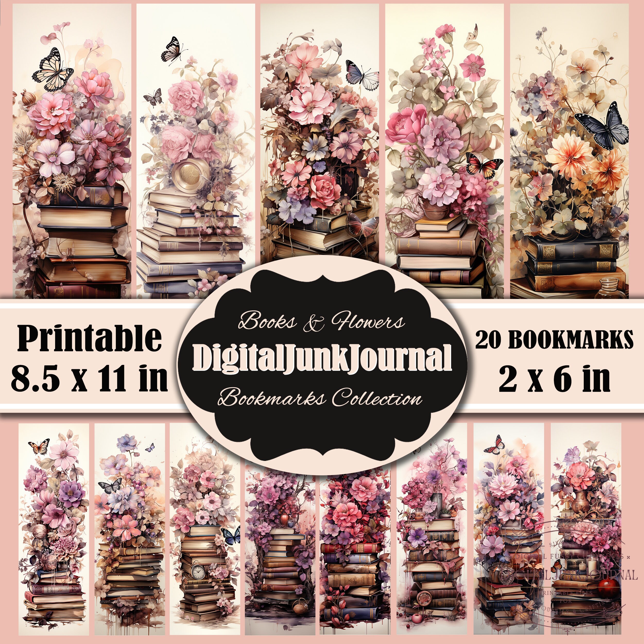 Books and Flower Printable Bookmarks, Digital Bookmark Set,bookmark ...