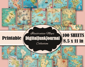 Map Junk Journal Sheets, Printable Imagine World Maps, Digital Scrapbook Kit, maps junk journal, scrapbooking, journaling, ephemera