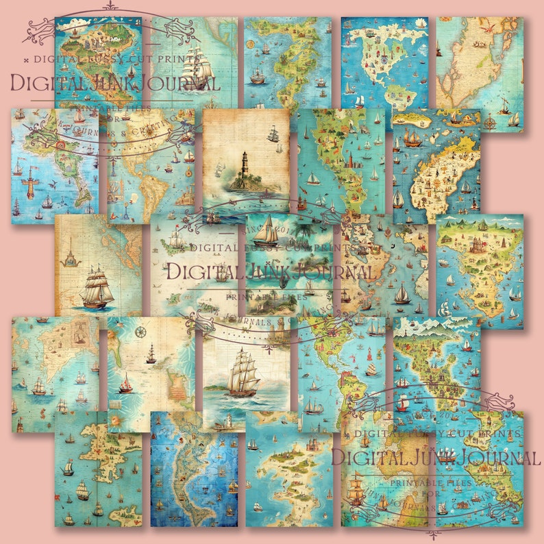 Journal Sticker Map Map Junk Journal Sheets, Printable Imagine World Maps, Digital ...