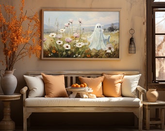 Samsung Frame TV Ghost in vintage flower meadow, Fall colors tv art, Halloween Frame TV art, Autumn spooky painting art download