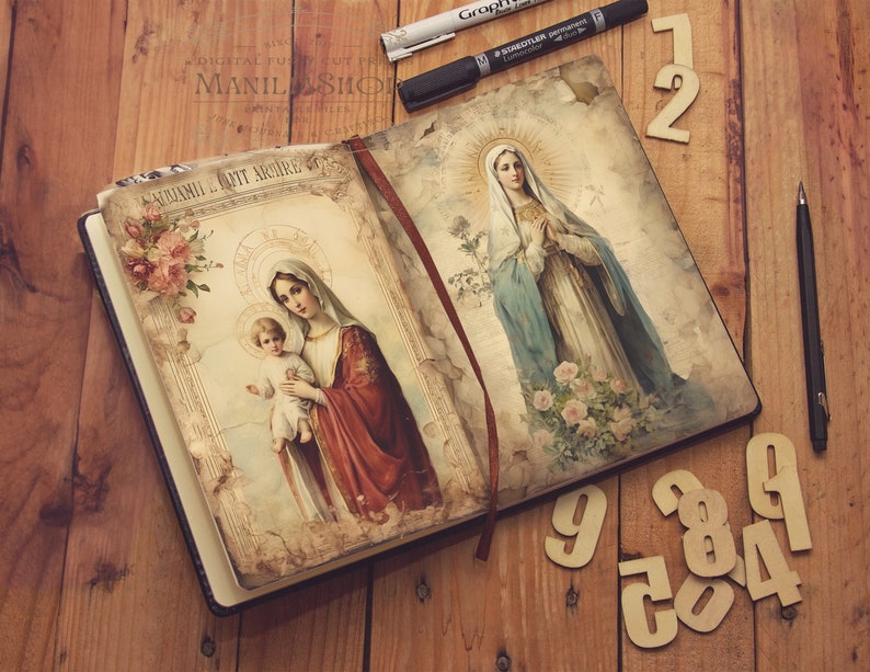 Holy Mother, Virgin de Guadalupe Junk Journal 16 Sheets, Junk Journal, Sepia, Fussy Cuts, Vintage, Cricut, Printable, Digital Download zdjęcie 9