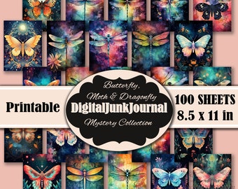 Mystical Moth Dragonfly Butterfly Junk Journal Pages, Digital Scrapbook Paper Kit, Printable Collage Sheet,Vintage Ephemera,Mystic Butterfly